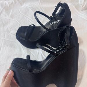 Versace Black Platform Wedge Sandals with Strappy Details